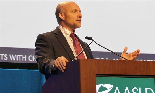 Steven Flamm, durante su presentación en El Encuentro del Hígado 2017. Foto: Liz Highleyman, hivandhepatitis.com